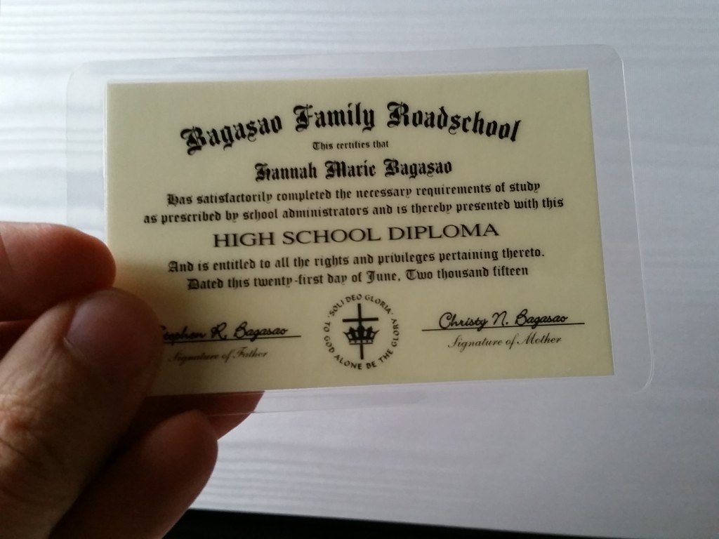 Wallet-sized laminated diploma from HomeschoolDiplomas.com