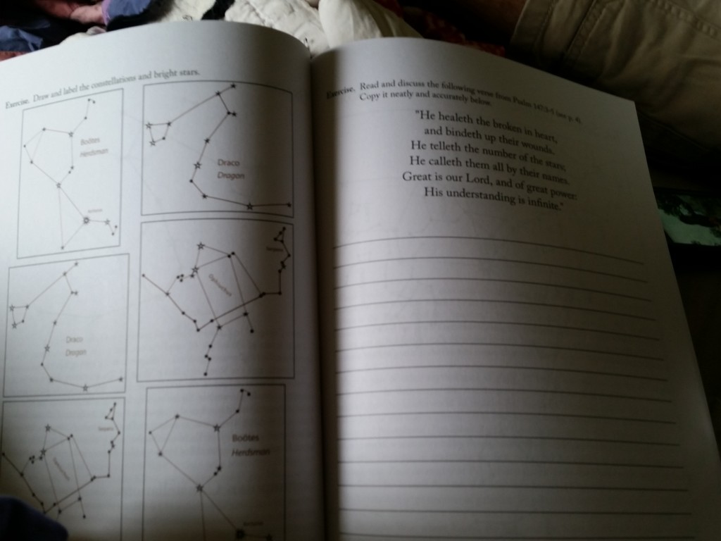 A spread from the teacher's manual. The student draws the constellation and labels the first magnitude stars on the left. The right is for copywork and ideally memorization. It's also great discussion.